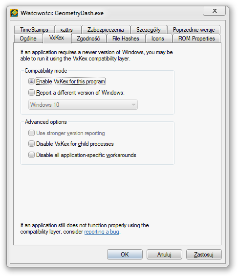 The VxKex configuration dialog