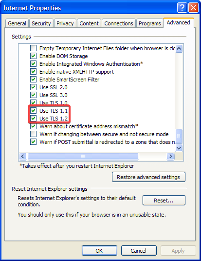 TLS 1.1 and 1.2 on Windows XP x64