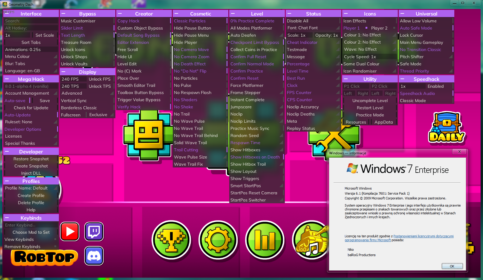 Geometry Dash (with Mega Hack) on Windows 7